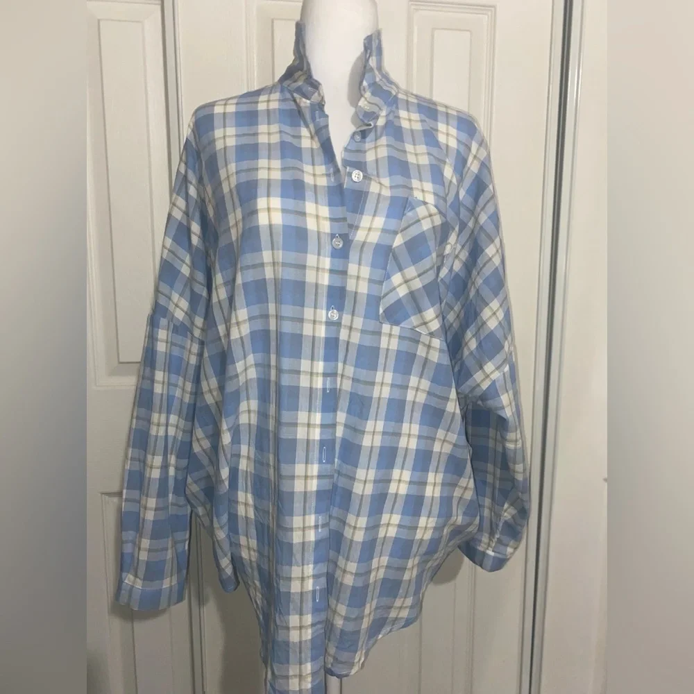 Fashion Nova Light Blue Oversized Plaid Shirt